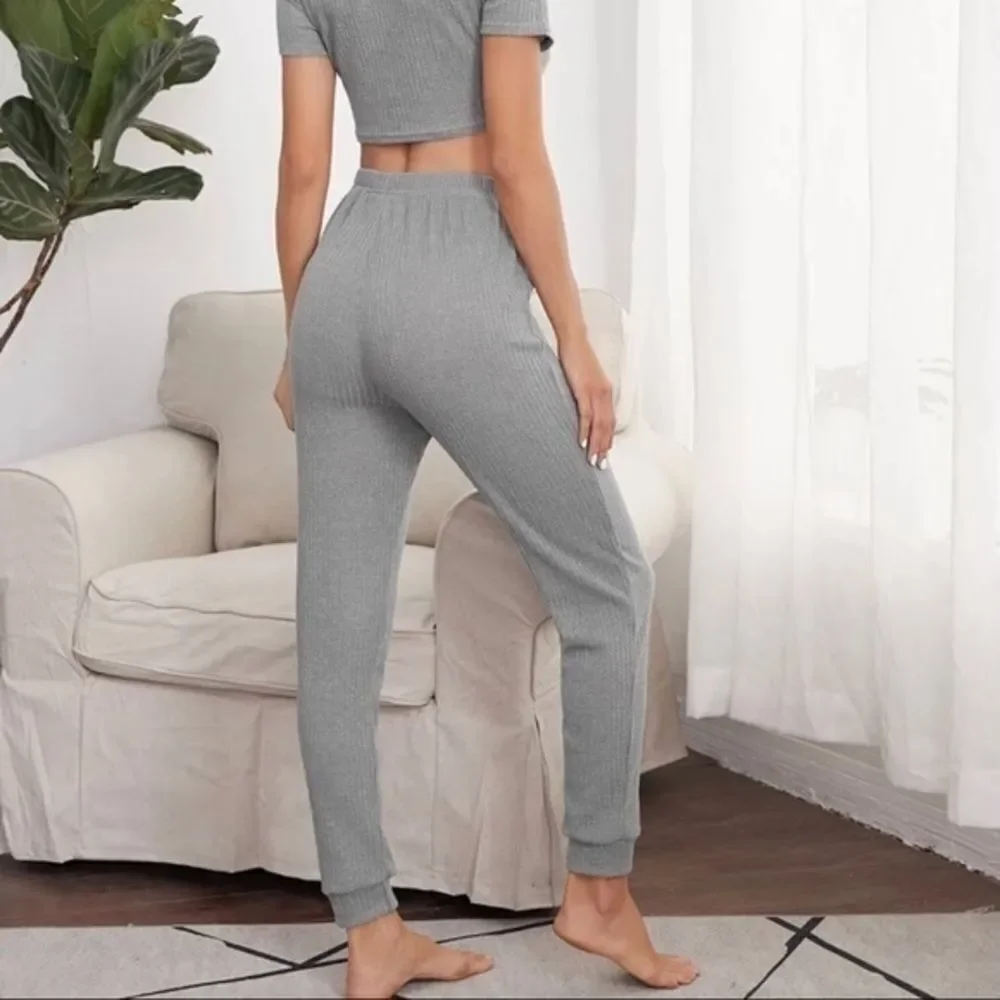 Rib Knit Cropped Top PJ/Lounge Set     - Picture 2 of 4